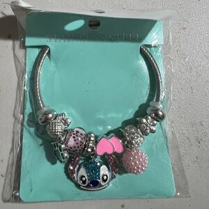 Stainless Steel Stitch  Charm Bracelet with Pink Accents